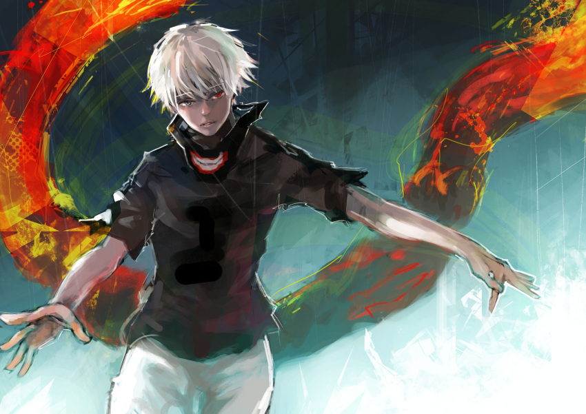 1boy absurdres black_shirt gradient_background grey_hair grey_pants heterochromia highres kagune_(tokyo_ghoul) kaneki_ken kyuuba_melo looking_at_viewer male_focus mask mouth_mask multicolored_background pants parted_lips red_eyes science_fiction shirt short_hair solo tentacle tokyo_ghoul torn_clothes torn_shirt