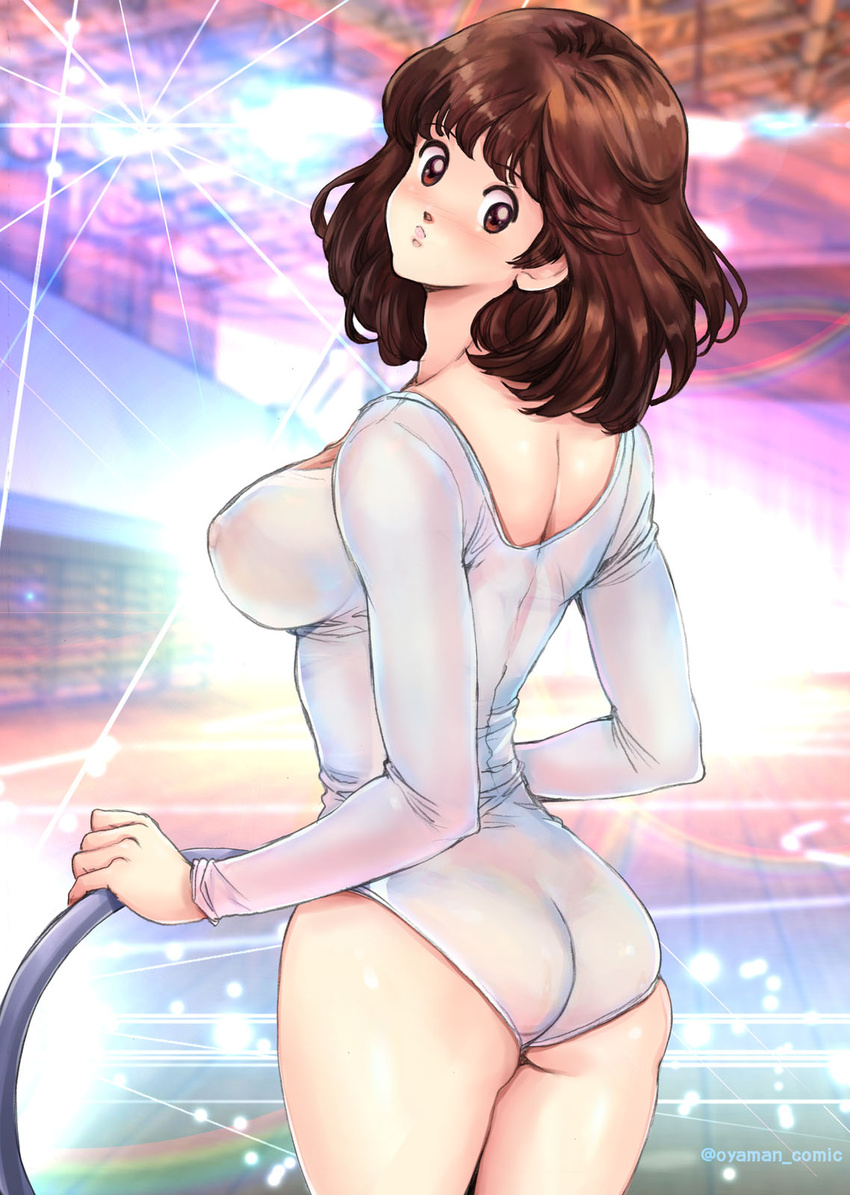 asakura_minami ass athletic_leotard blurry blurry_background blush brown_eyes brown_hair closed_mouth commentary covered_nipples depth_of_field diffraction_spikes female from_behind frown gym gymnastics highres holding hoop indoors leotard light_particles long_sleeves looking_at_viewer looking_back medium_hair oyaman rhythmic_gymnastics see-through solo standing touch_(manga) twitter_username white_leotard