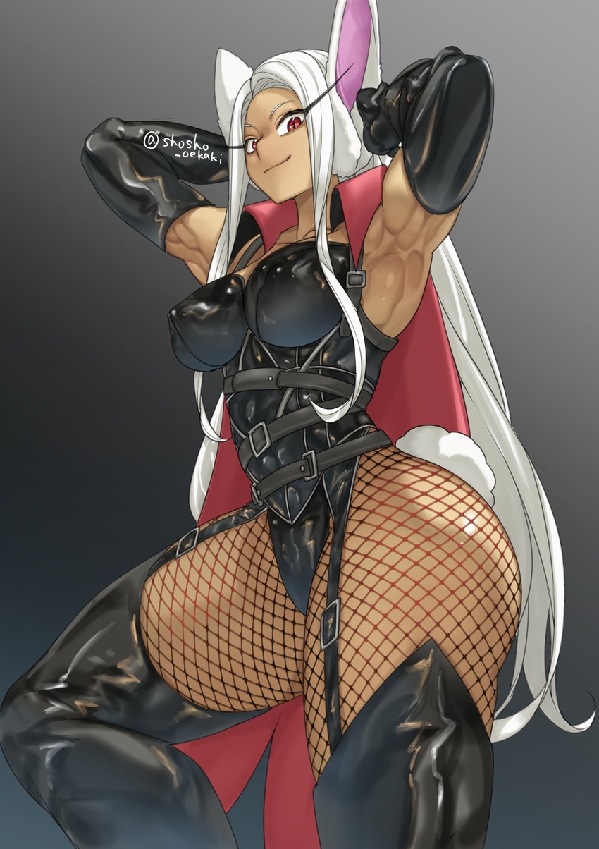 abs armpits arms_up ass belt biceps black_background black_belt black_gloves black_leotard black_pantyhose boku_no_hero_academia breasts buckle cape closed_mouth collarbone commentary_request cosplay covered_nipples dark-skinned_female dark_skin doronjo doronjo_(cosplay) elbow_gloves eyelashes female fishnet_pantyhose fishnets flexing from_below from_side garter_straps gloves gradient_background grey_background harness high_collar highleg highleg_leotard highres huge_ass impossible_clothes impossible_leotard large_breasts latex legs_apart leotard light_smile long_eyelashes long_hair looking_at_viewer looking_down mirko muscular muscular_female narrow_waist pantyhose pose rabbit_tail red_cape red_eyes shosho_oekaki sidelocks skin_tight slit_pupils smile smirk solo standing tail thick_thighs thighs twitter_username very_long_hair white_hair yatterman