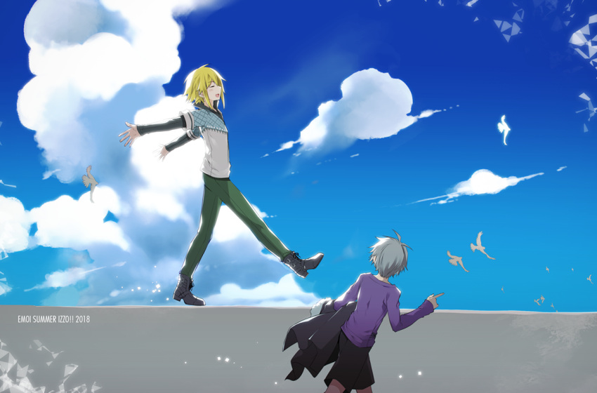 2boys :d animal antenna_hair bird black_footwear black_jacket black_shorts blonde_hair blue_sky blush boots closed_eyes cloud commentary_request day fur-trimmed_jacket fur_trim green_pants grey_hair high_heel_boots high_heels jacket kamiyoshi_rika layered_sleeves long_sleeves male_focus multiple_boys nijisanji open_mouth outdoors pants profile purple_shirt shirt short_over_long_sleeves short_sleeves shorts sky sleeves_past_wrists smile suzuki_masaru unworn_jacket uzuki_kou uzuki_kou_(1st_costume) virtual_youtuber walking white_shirt