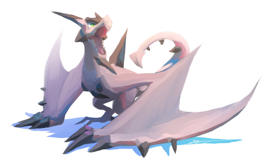 absurdres aerodactyl claws commentary full_body green_eyes highres likey mega_aerodactyl mega_pokemon no_humans open_mouth pokemon pokemon_(creature) sharp_teeth solo spikes teeth tongue white_background