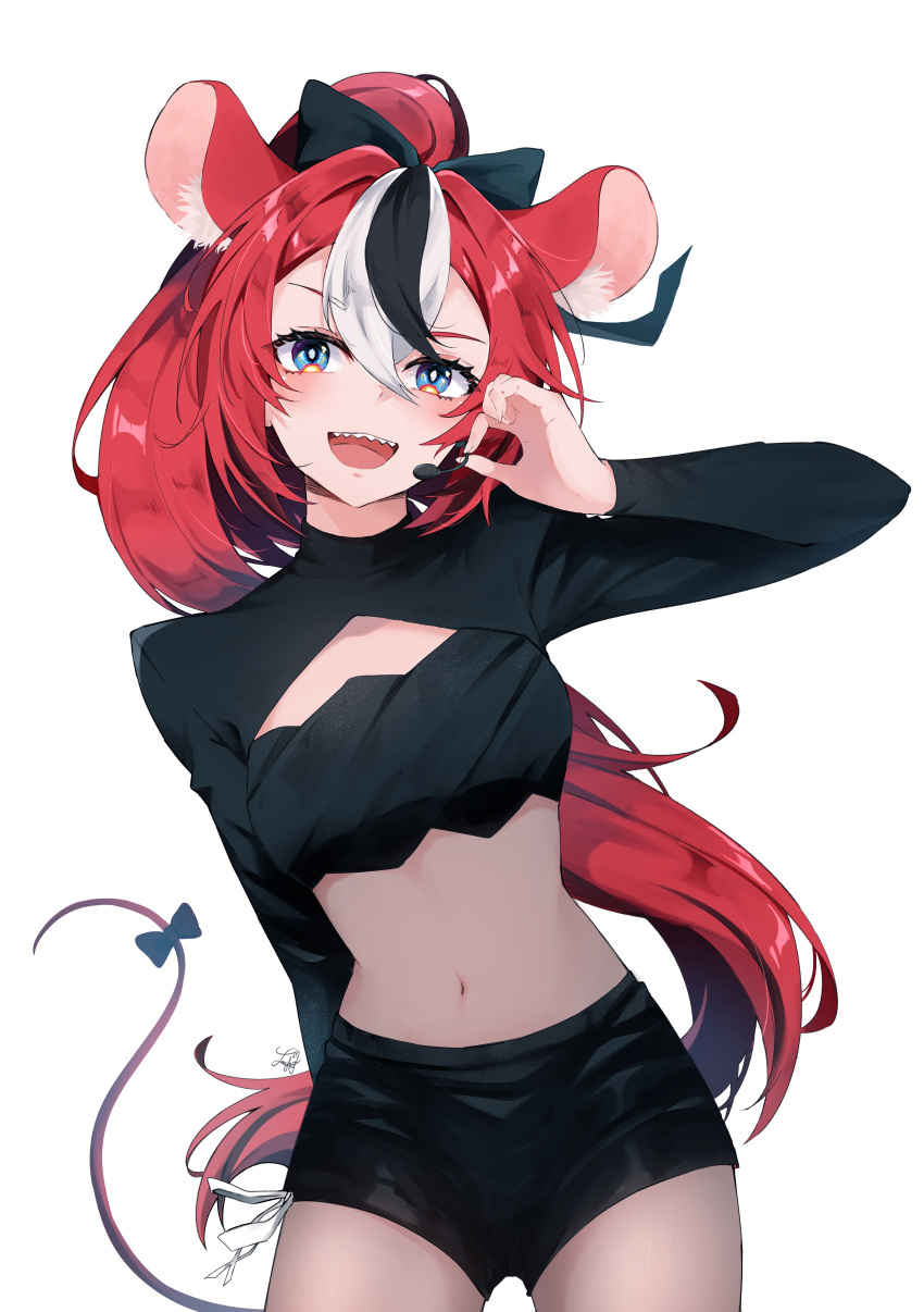 absurdres animal_ears black_hair blackberry_baelz blue_eyes breasts cleavage_cutout clothing_cutout female hair_between_eyes hair_ornament hakos_baelz highres hololive hololive_english long_hair looking_at_viewer lucferz mouse_ears mouse_girl mouse_tail multicolored_hair navel open_mouth ponytail red_hair shorts smile solo streaked_hair tail virtual_youtuber white_background white_hair