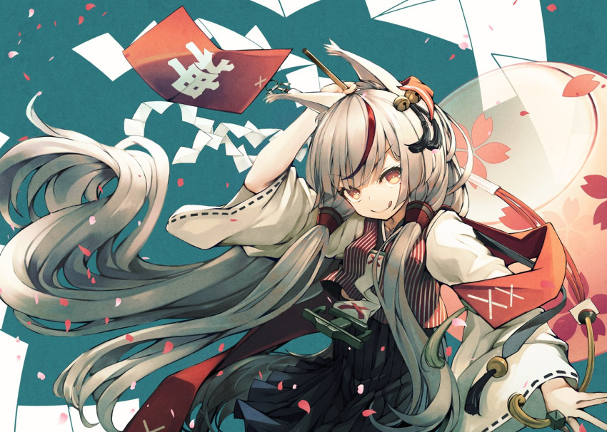 :q animal_ears azur_lane commentary_request eorx female fox_ears grey_hair japanese_clothes kamikaze_(azur_lane) kamikaze_(retrofit)_(azur_lane) long_hair long_sleeves looking_at_viewer multicolored_hair red_hair sidelocks smile solo standing streaked_hair tongue tongue_out very_long_hair wide_sleeves