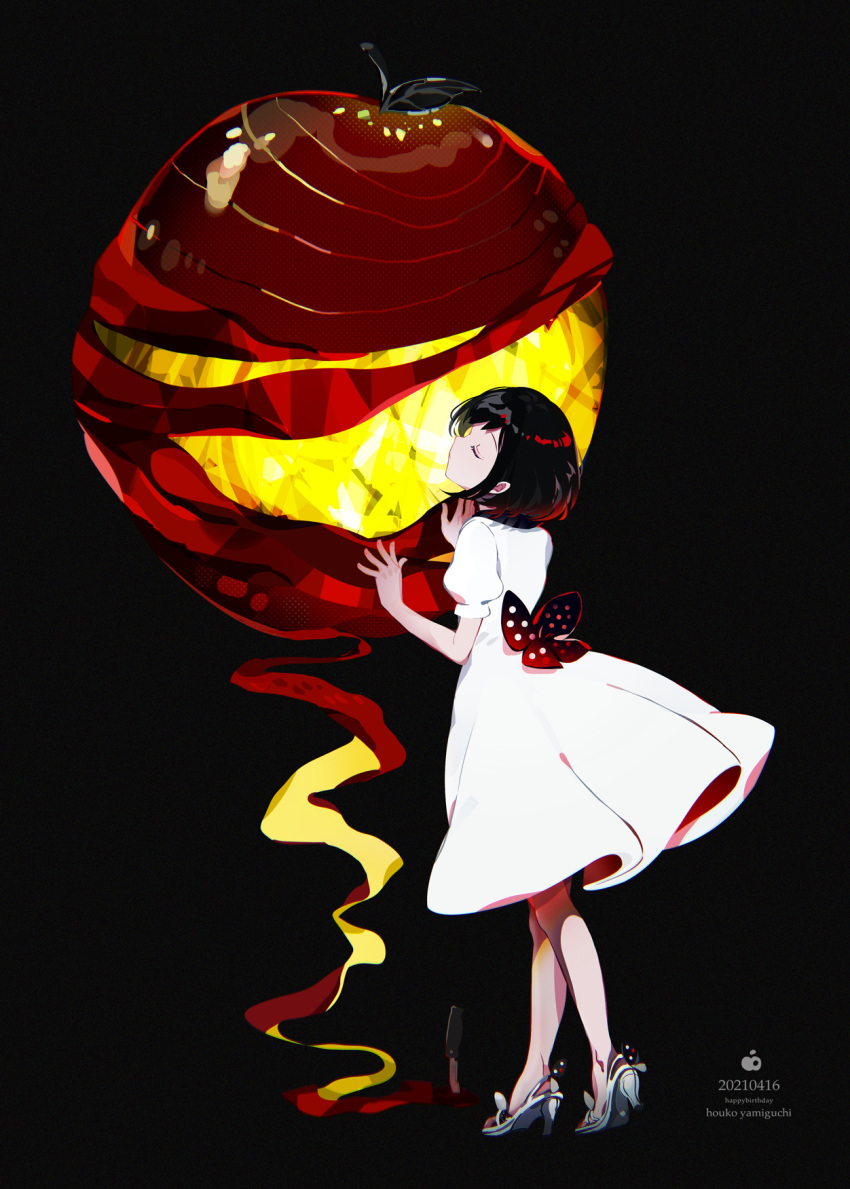 apple black_background black_hair character_name closed_eyes commentary_request dated dress female food fruit full_body happy_birthday high_heels highres mifa24 oversized_food oversized_object puffy_short_sleeves puffy_sleeves short_hair short_sleeves simple_background solo standing white_dress white_footwear yamiguchi_houko zaregoto_series