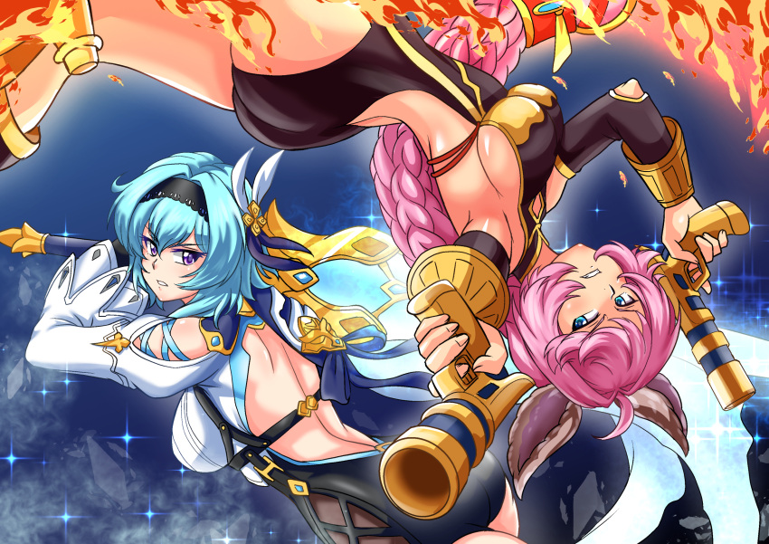 2girls aiming aiming_at_viewer animal_ears aqua_hair ass atawatsho bare_back blue_eyes braid breasts commentary crossover dual_wielding english_commentary eula_(genshin_impact) fighting_stance fire from_behind genshin_impact granblue_fantasy greatsword grey_eyes gun hair_between_eyes hair_ornament hairband handgun highres holding holding_sword holding_weapon ice long_hair looking_at_viewer low_ponytail multiple_girls purple_hair satou_rina short_hair sideboob sidelocks smile song_of_broken_pines_(genshin_impact) sword tien_(granblue_fantasy) trigger_discipline upside-down voice_actor_connection weapon