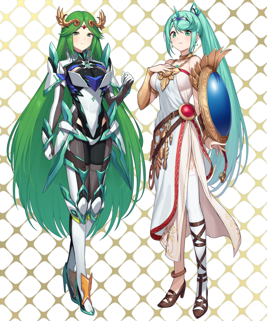 2girls absurdres armlet armor asymmetrical_footwear bare_shoulders belt blush breasts chest_jewel cleavage cosplay costume_switch dress earrings forehead_jewel gem gloves green322 green_eyes green_hair hair_ornament headpiece high_heels highres jewelry kid_icarus kid_icarus_uprising large_breasts laurel_crown long_hair looking_at_viewer mismatched_footwear multiple_belts multiple_girls necklace palutena palutena_(cosplay) pendant pneuma_(xenoblade) pneuma_(xenoblade)_(cosplay) ponytail sandals side_slit simple_background single_thighhigh smile strapless strapless_dress swept_bangs thighhighs tiara vambraces very_long_hair xenoblade_chronicles_(series) xenoblade_chronicles_2