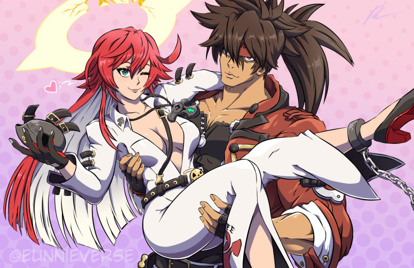 1boy artist_name bell-bottoms black_shirt blue_eyes bodysuit breasts brown_hair carrying chains colored_inner_hair commentary cuffs eunnieverse female guilty_gear guilty_gear_strive halo headband heart high_heels holding holding_mask jack-o'_valentine jacket large_breasts long_hair long_sleeves mask multicolored_hair one_eye_closed pants plunging_neckline ponytail princess_carry red_hair red_headband red_jacket shackles shirt shoes smile sol_badguy spiked_halo two-tone_hair white_bodysuit white_hair