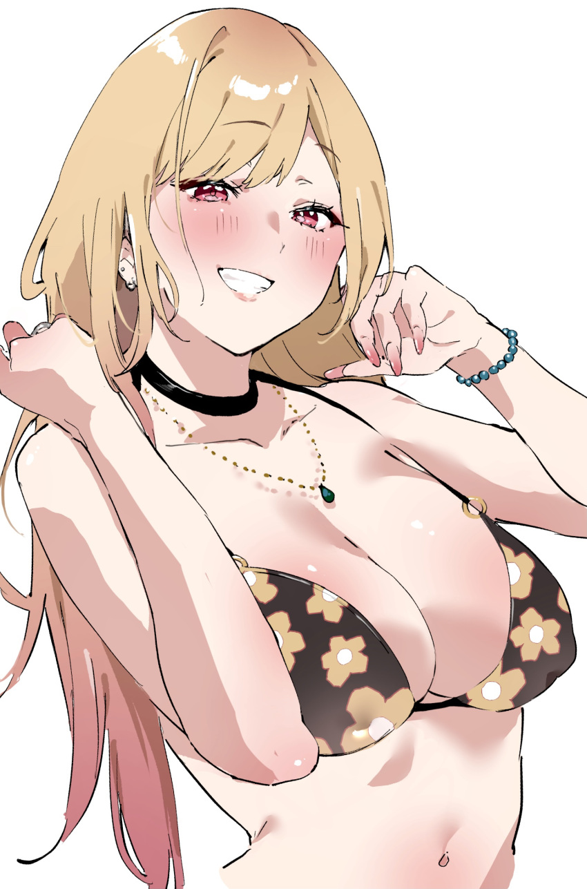 absurdres bikini black_bikini black_choker blonde_hair blush bracelet breasts choker cleavage commentary ear_piercing earrings english_commentary female floral_print grin gyaru highres jewelry kitagawa_marin kogal large_breasts long_hair multicolored_hair nail_polish navel piercing print_bikini smile solo sono_bisque_doll_wa_koi_wo_suru streaked_hair swimsuit white_background yamakonbu