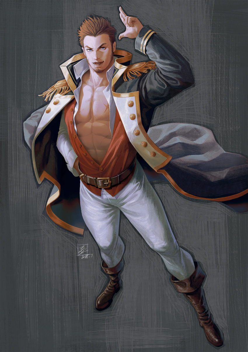 1boy abs bad_id bad_pixiv_id baharu belt blue_eyes boots brown_hair epaulettes facial_hair fate/grand_order fate_(series) full_body goatee highres long_sideburns long_sleeves looking_at_viewer male_focus military military_uniform muscular muscular_male napoleon_bonaparte_(fate) open_clothes pants pectoral_cleavage pectorals scar short_hair sideburns simple_background smile solo uniform