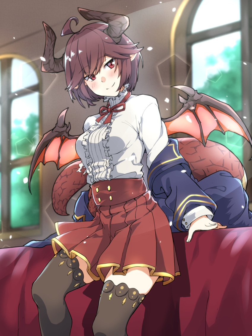 ahoge black_thighhighs blush breasts brown_hair dragon_girl dragon_horns dragon_tail dragon_wings female granblue_fantasy grea_(shingeki_no_bahamut) highres horns indoors kagari_liroi looking_at_viewer medium_breasts pleated_skirt pointy_ears red_eyes school_uniform shingeki_no_bahamut skirt smile solo tail thighhighs window wings