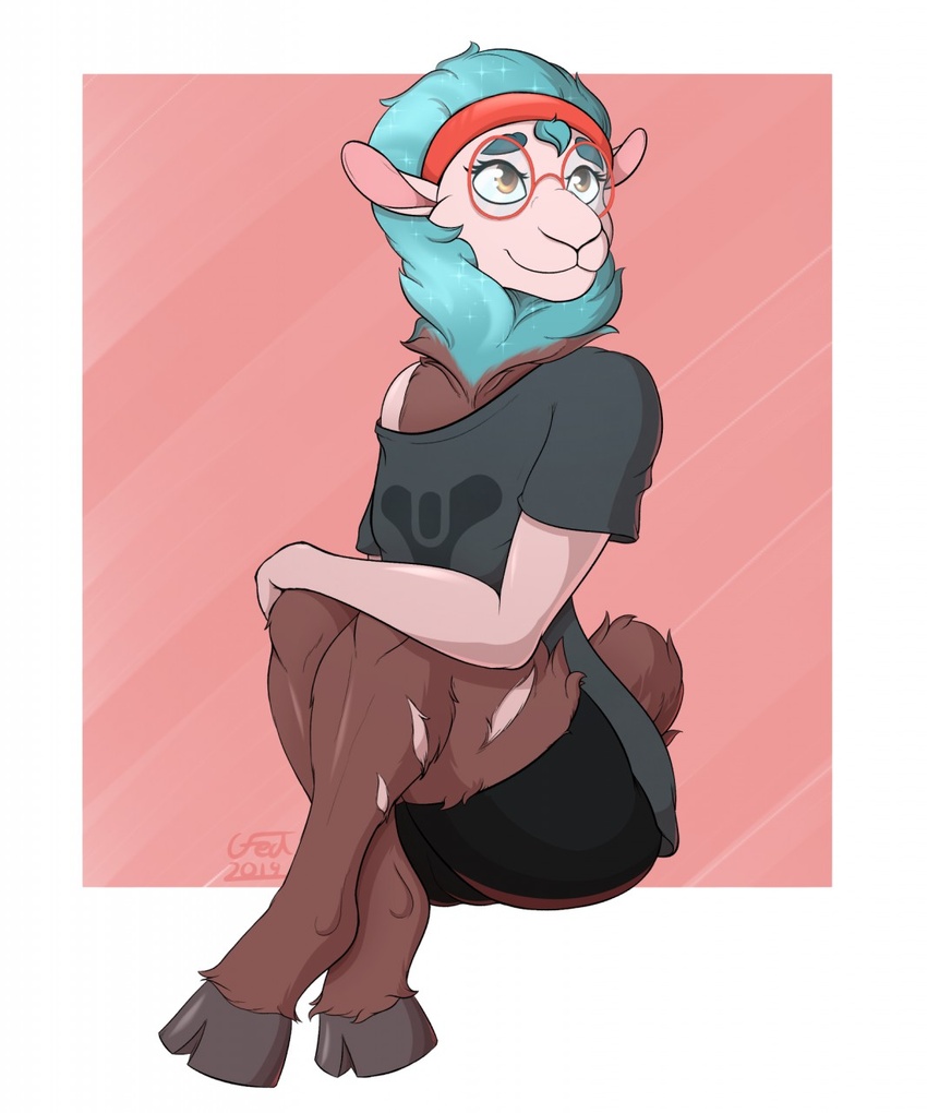 accessory anthro blue_hair bottomwear bovid brown_body brown_fur c-fed caprine clothed clothing cloven_hooves eyewear female fully_clothed fur glasses hair headband hi_res holly_day_(randomnutz) hooves mammal sheep shirt shorts sitting smile solo t-shirt topwear