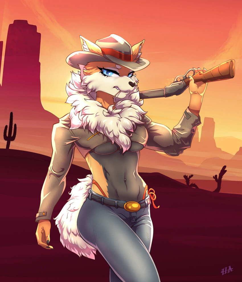 absurd_res anthro blue_eyes breasts canid clothing cowgirl_outfit crop_top denim female gun hi_res leather mammal mazinga669 midriff navel navel_piercing piercing ranged_weapon shirt shotgun simple_background soft_abs solo thong_straps topwear under_boob weapon west wild_west