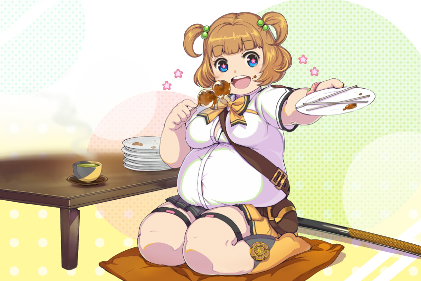 artist_request big_belly blue_eyes blunt_bangs breasts brown_hair cup cushion dishes dot_nose fat female flower-shaped_pupils food food_on_face full_body hasebe_shikiri highres holding holding_food holding_plate kneehighs medium_breasts medium_hair no_shoes official_art open_mouth outstretched_arm plate seiza shinken!! shirt short_sleeves sitting skewer socks solo symbol-shaped_pupils table tareme taut_clothes taut_shirt tea teacup thick_arms thick_thighs thigh_strap thighs third-party_source two_side_up