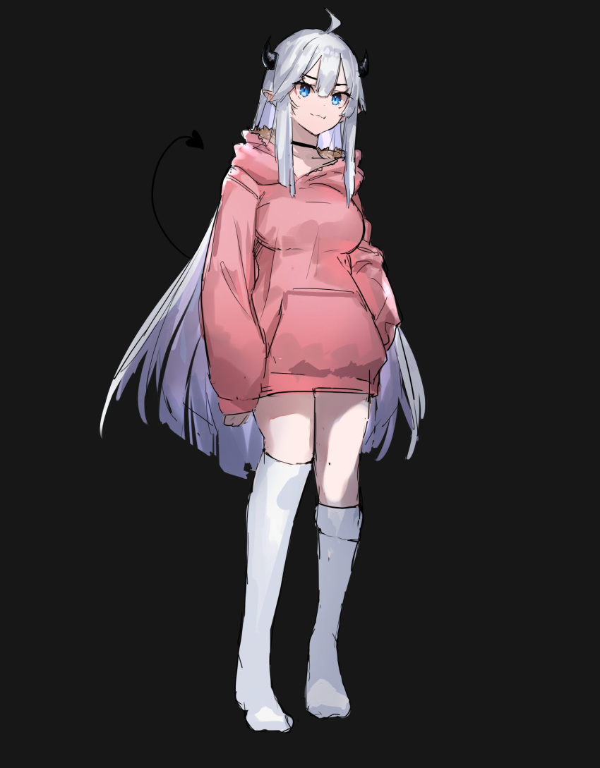 blue_eyes breasts demon_tail english_commentary female grey_background highres hood hoodie indie_virtual_youtuber large_breasts long_hair looking_up mixed-language_commentary neonbeat official_art pointy_ears second-party_source solo tail vei_(vtuber) vei_(vtuber)_(1st_costume) very_long_hair virtual_youtuber white_hair