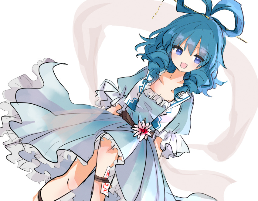 :d blue_dress blue_eyes blue_hair collarbone commentary_request dress drill_hair dutch_angle feet_out_of_frame female flower frills hagoromo hair_ornament hair_rings hair_stick highres kaku_seiga knee_up looking_to_the_side medium_hair ofuda open_mouth petticoat puffy_short_sleeves puffy_sleeves shawl short_sleeves simple_background smile solo touhou vest white_background white_vest zabuton_(mgdw5574)