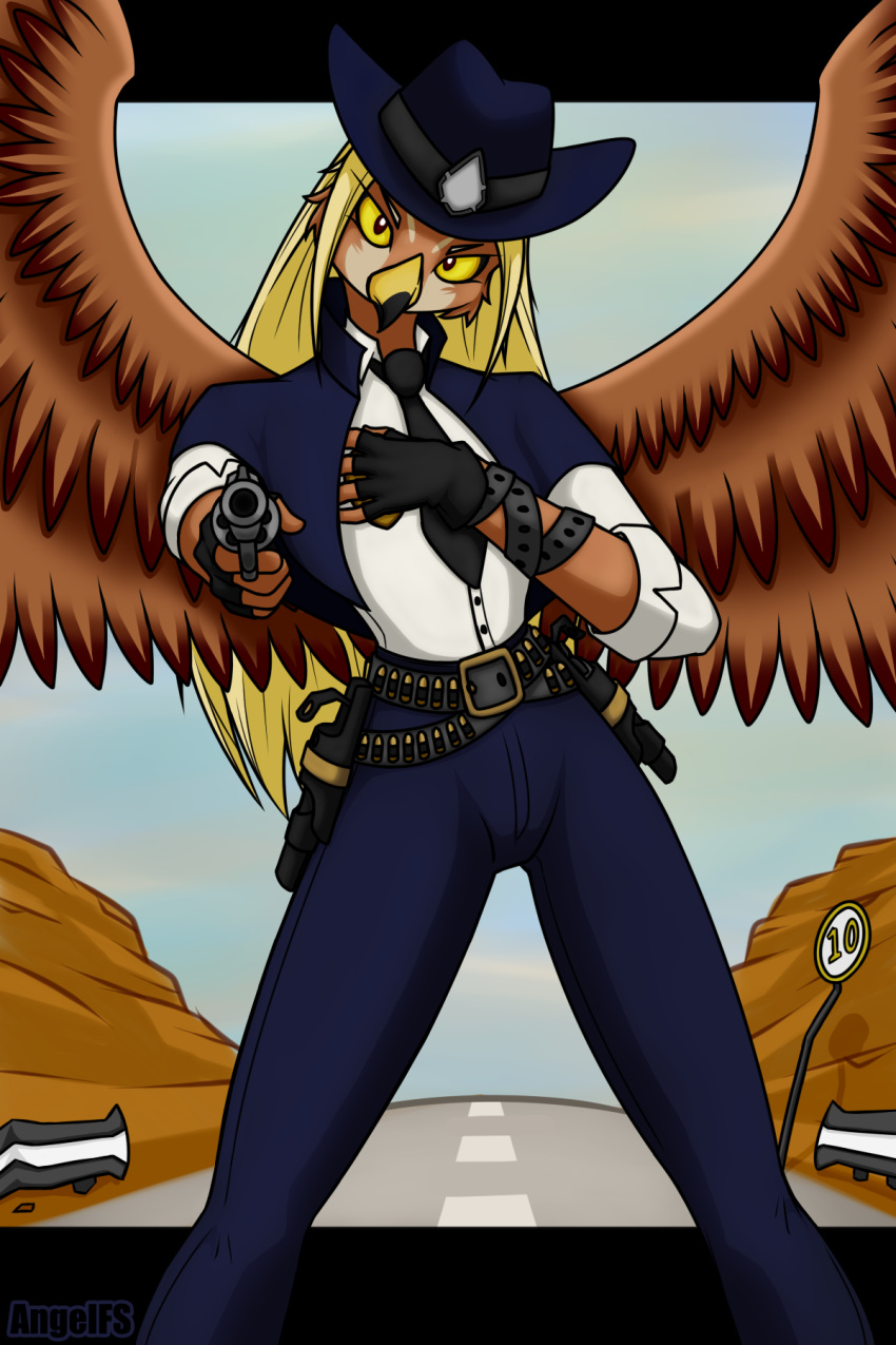 2:3 5_fingers accipitrid accipitriform angelfs anthro avian beak belt bird blonde_hair bullet clothing cowboy_hat cowgirl_outfit feathered_wings feathers female fingers gun hair handgun hat headgear headwear hi_res hill necktie ranged_weapon revolver road road_sign solo weapon wild_west wings