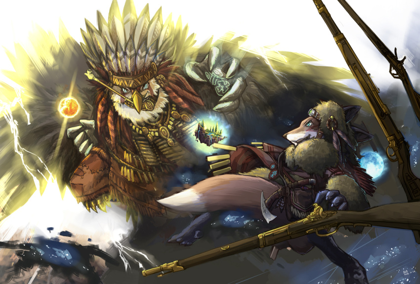 accipitrid accipitriform anthro avian bald_eagle beak bird blue_eyes brown_body brown_fur canid canine claws clothed clothing detailed_background duo eagle fluffy fluffy_tail fox fur gun link2004 magic male mammal open_mouth open_smile pipe ranged_weapon red_fox rifle sea_eagle sky smile star starry_sky tail teeth therianthrope true_fox weapon white_body white_fur