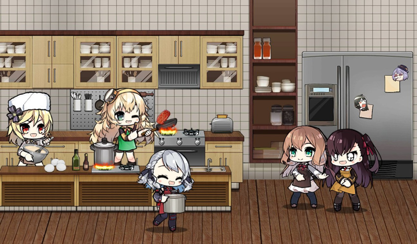 5girls alternate_costume apron black_ribbon blonde_hair bottle bowl bread bread_slice brown_hair cabinet chibi cigar commentary cooking cupboard egg english_commentary faucet fire flipping_food food frying_pan fur_hat girls'_frontline glass_bottle grate green_eyes grey_hair hair_ornament hair_ribbon hairband hat holding indoors jacket jar knife korean_commentary lid long_hair long_sleeves messy_hair multiple_girls nagant_revolver_(girls'_frontline) necktie one_side_up open_mouth oven plate pot purple_hair red_eyes refrigerator ribbon s.a.t.8_(girls'_frontline) saru_(style) shelf shirt short_hair sidelocks sink smile sparkling_eyes spas-12_(girls'_frontline) spatula spoon springfield_(girls'_frontline) stove sunglasses the_mad_mimic thompson_(girls'_frontline) tile_wall tiles toaster very_long_hair wa2000_(girls'_frontline) whisk white_headwear white_jacket white_shirt wooden_floor