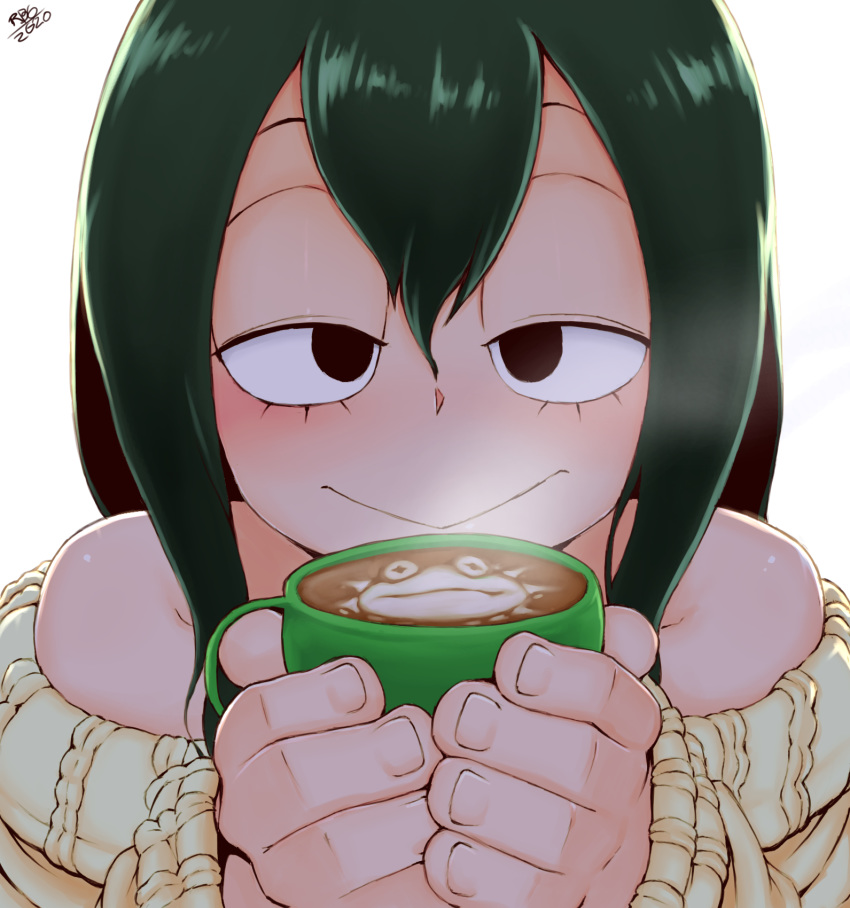 :> aran_sweater asui_tsuyu bad_id bad_pixiv_id bare_shoulders black_eyes boku_no_hero_academia cable_knit cappuccino close-up coffee coffee_mug commentary cross-eyed cup english_commentary female green_hair highres latte_art long_hair mug off-shoulder_sweater off_shoulder randomboobguy seductive_smile smile solo sweater white_background