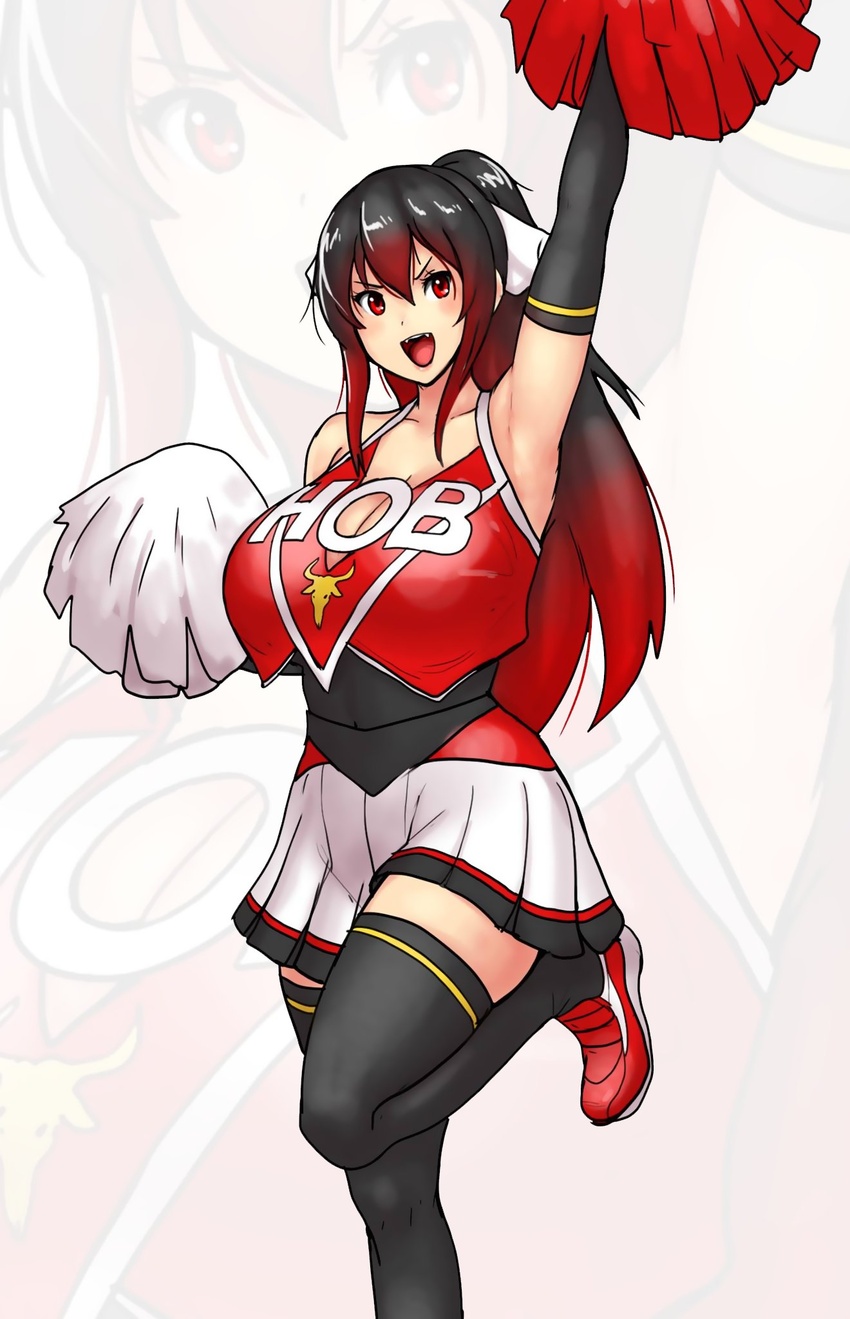 black_hair breasts cheerleader english_commentary erkaz fangs female gradient_hair highres karinka_katyusha_(erkaz) large_breasts long_hair multicolored_hair open_mouth original pom_pom_(cheerleading) ponytail red_eyes red_hair skindentation solo thighhighs v-shaped_eyebrows