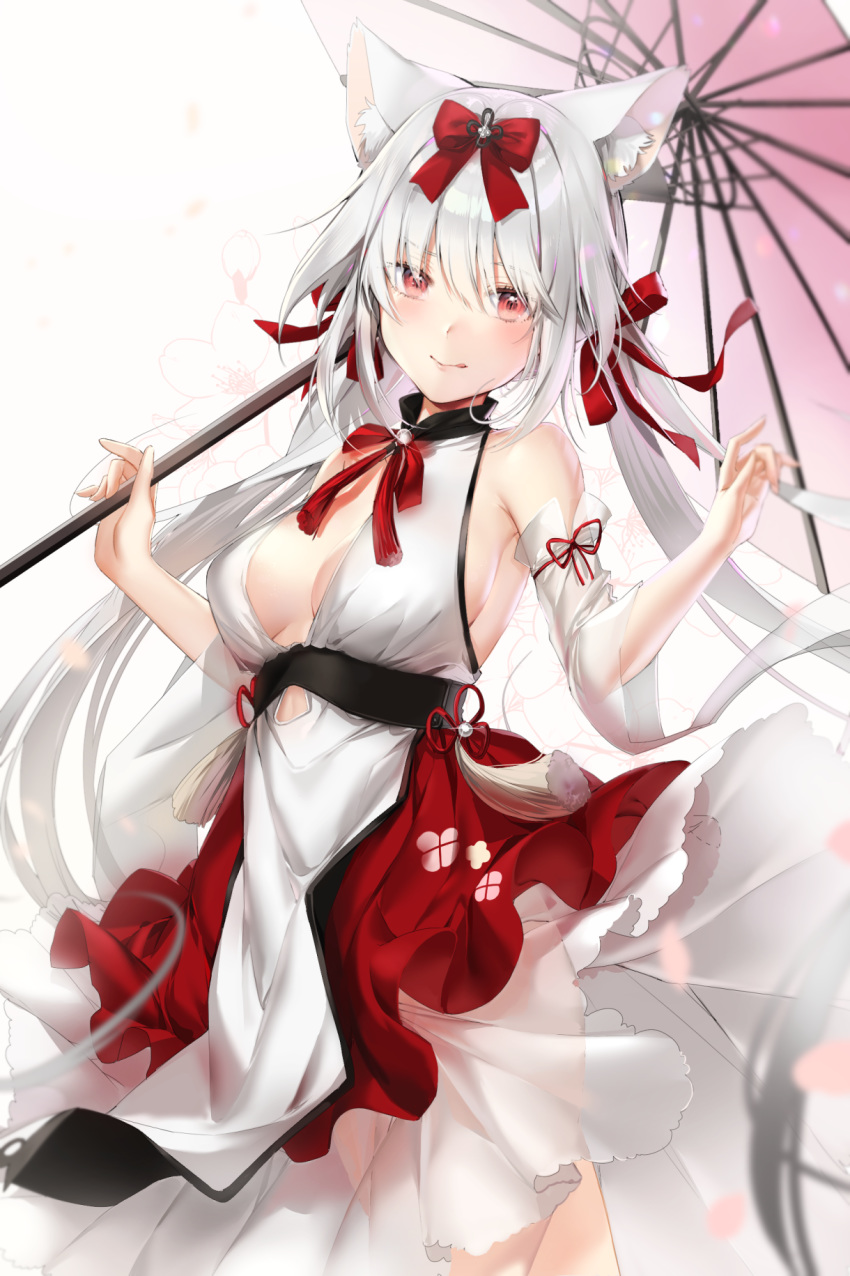 animal_ear_fluff animal_ears azur_lane bad_id bad_pixiv_id blush bow breasts cat_ears cleavage closed_mouth cowboy_shot detached_sleeves dore_(gilles_dore) female floating_hair hair_between_eyes hair_ribbon hairbow highres holding holding_umbrella long_hair long_skirt looking_at_viewer official_alternate_costume oil-paper_umbrella pink_umbrella red_bow red_eyes red_ribbon ribbon sideboob skirt smile solo standing tongue tongue_out umbrella very_long_hair white_hair white_skirt white_sleeves yukikaze_(azur_lane) yukikaze_(winter's_snowy_wind)_(azur_lane)