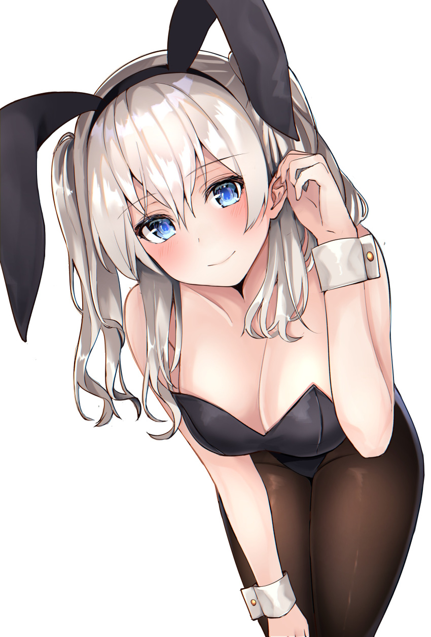 absurdres alternate_costume animal_ears bare_shoulders black_pantyhose blue_eyes blush breasts fake_animal_ears female grey_hair hair_between_eyes hair_ornament highres kantai_collection kashima_(kancolle) large_breasts long_hair looking_at_viewer pantyhose playboy_bunny rabbit_ears shiina_aoi smile solo twintails wavy_hair