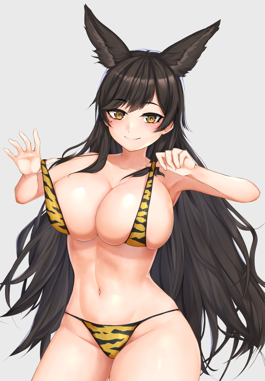 absurdres alternate_costume animal_ears atago_(azur_lane) azur_lane bikini breasts brown_hair commentary cowboy_shot extra_ears female grey_background highres huge_breasts long_hair looking_at_viewer navel ojisan_f pulling_own_clothes simple_background skindentation solo strap_pull string_bikini swimsuit tiger_stripes very_long_hair yellow_eyes