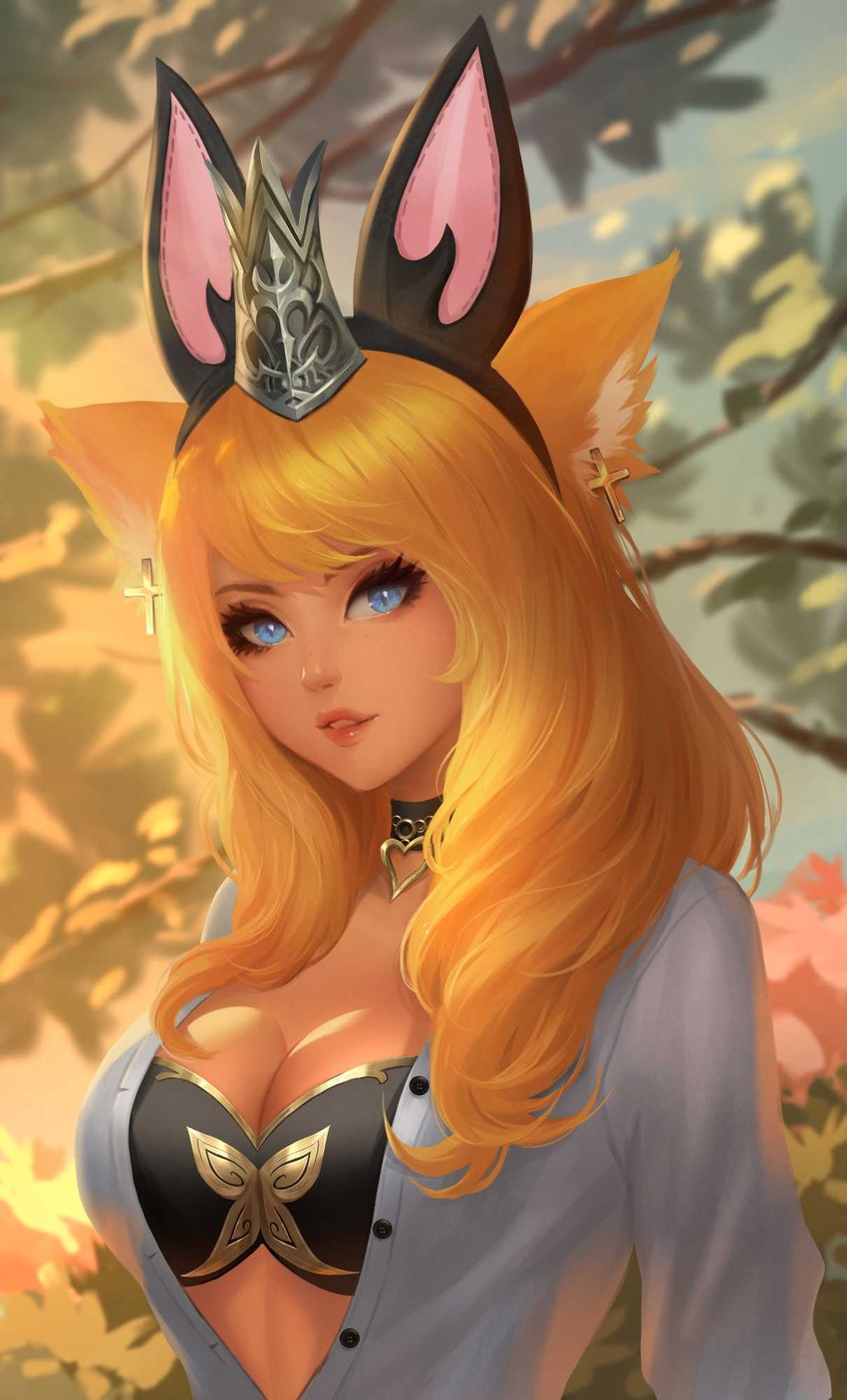 alael animal_ears bikini bikini_top_only bikini_under_clothes blonde_hair blue_eyes blurry blurry_background breasts cat_ears chaosringen choker cleavage commission cross cross_earrings crown earrings fake_animal_ears female final_fantasy final_fantasy_xiv heart heart_choker highres jewelry lips long_hair looking_at_viewer medium_breasts mini_crown miqo'te parted_lips shirt solo swimsuit tan warrior_of_light_(ff14) white_shirt