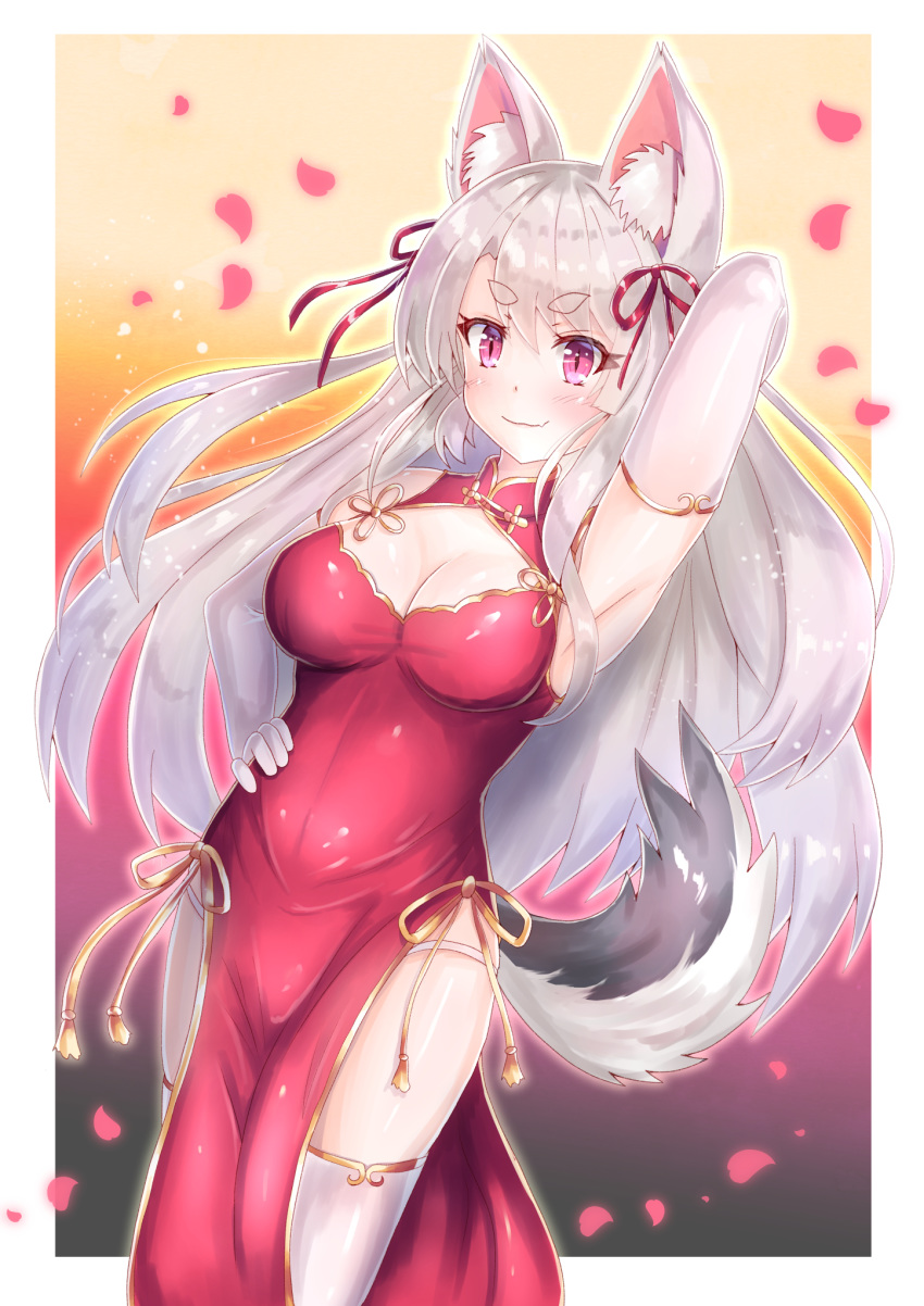 animal_ears arm_up armpits azur_lane bare_shoulders breasts china_dress chinese_clothes cleavage cocoasabure commentary_request cowboy_shot dog_ears dog_girl dog_tail dress elbow_gloves female gloves gold_trim grey_hair hand_on_own_hip highres large_breasts long_hair looking_at_viewer md5_mismatch panties pelvic_curtain pink_eyes red_dress sleeveless sleeveless_dress smile solo tail thick_eyebrows thighhighs thighs underwear white_gloves white_panties white_thighhighs yuudachi_(azur_lane)