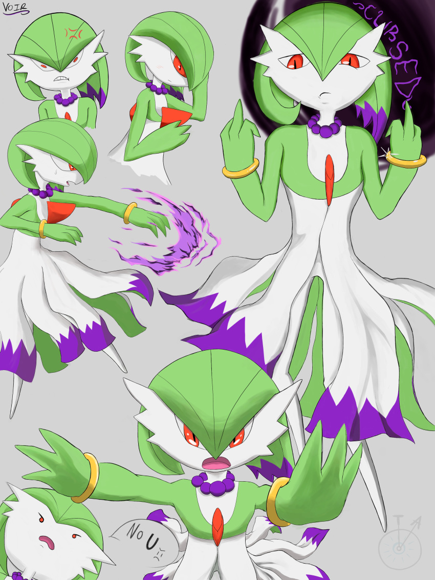 2022 3:4 3_fingers absurd_res angry biped blush bodily_fluids bracelet clothing cross-popping_vein energy fan_character female fingers gardevoir gem generation_3_pokemon gesture green_body green_hair hair hi_res humanoid jewelry looking_at_viewer mammal markings narrowed_eyes necklace nintendo no_u open_mouth pattern_clothing pearl_(gem) pearl_necklace pokemon pokemon_(species) psychic psychic_powers pupils purple_markings raised_arm red_eyes solo speech_bubble standing sweat sweatdrop text timealurt_(artist) voir_(timealurt) white_body