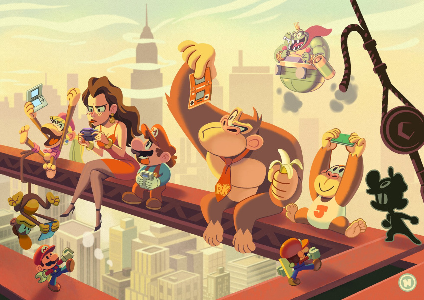 2girls 6+boys ^_^ arm_up arms_up banana baseball_cap black_footwear blonde_hair blue_shirt bracelet breasts brown_footwear brown_hair building city cleavage closed_eyes closed_mouth commentary crossed_legs crown day diddy_kong dixie_kong donkey_kong donkey_kong_(1981_game) donkey_kong_(series) donkey_kong_country donkey_kong_country_2 donkey_kong_jr. donkey_kong_jr._(game) dress earrings english_commentary facial_hair food frown fruit game_&_watch game_boy game_boy_advance game_boy_micro handheld_game_console hanging happy hat high_heels highres holding holding_food holding_fruit holding_handheld_game_console jewelry k_rool lipstick long_hair long_sleeves looking_at_another makeup mario mario_(series) mario_vs._donkey_kong mario_vs._donkey_kong_2:_march_of_the_minis mini-mario monkey_boy monkey_girl moustache mr._game_&_watch multiple_boys multiple_girls necktie nintendo_3ds nintendo_ds nuri_durr open_mouth outdoors outstretched_arms overalls pantyhose pauline_(mario) pink_headwear playing_games ponytail red_dress red_headwear red_necktie red_overalls sharp_teeth shirt shoes short_hair sitting skyscraper sleeveless sleeveless_dress smile teeth upper_teeth_only upside-down walking