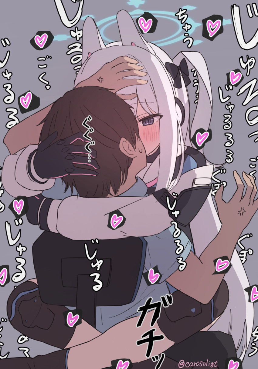 1boy anger_vein animal_ears black_bow black_footwear black_gloves blue_archive blush boots bow chair cicada_hug commentary earosoligt fake_animal_ears female forced_kiss french_kiss gloves grey_background grey_hair hairbow halo head_hug heart highres kissing knee_pads leg_lock long_hair long_sleeves miyako_(blue_archive) office_chair one_side_up purple_eyes pushing_away pushing_face rabbit_ears sensei_(blue_archive) simple_background sitting sitting_on_lap sitting_on_person small_sweatdrop straight struggling sweatdrop swivel_chair translated twitter_username very_long_hair