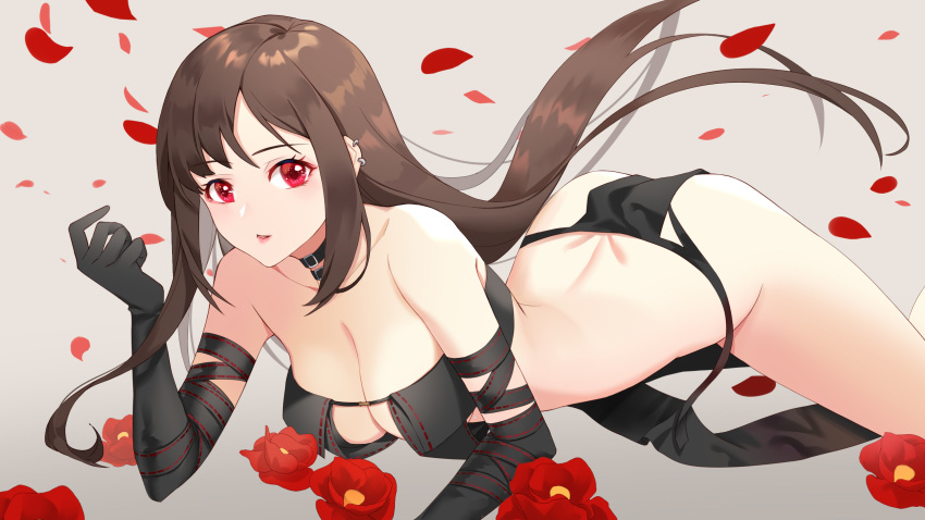 breasts brown_hair cleavage elbow_gloves fate/grand_order fate_(series) flowers gloves long_hair nuts_(aya-yo) petals red_eyes yang_guifei_(fate/grand_order)