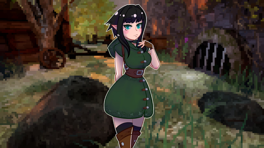 belt black_hair boots buckle buttons clickrisky elf elf_ears elgera female grass green_dress green_eyes pixel_art pointy_ears rocks terra thigh_boots thighhighs tree