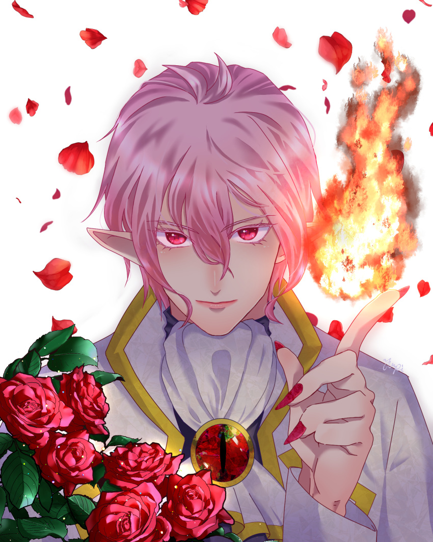 1boy ascot asmodeus_alice brooch commentary_request demon_boy fire flower hair_between_eyes highres index_finger_raised jewelry mairimashita!_iruma-kun male_focus nemunemugirl petals pink_eyes pink_hair red_nails rose simple_background smile solo white_ascot white_background