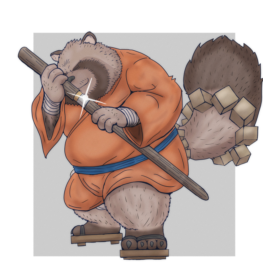 2023 anthro asian_clothing bandage belly brown_body canid canine clothing dragon_quest dragon_quest_monsters dragon_quest_monsters:_the_dark_prince east_asian_clothing footwear hi_res humanoid_hands japanese_clothing kemono male mammal overweight overweight_male raccoon_dog ronin_raccoon sandals simple_background solo square_enix tanuki usikuma6 weapon