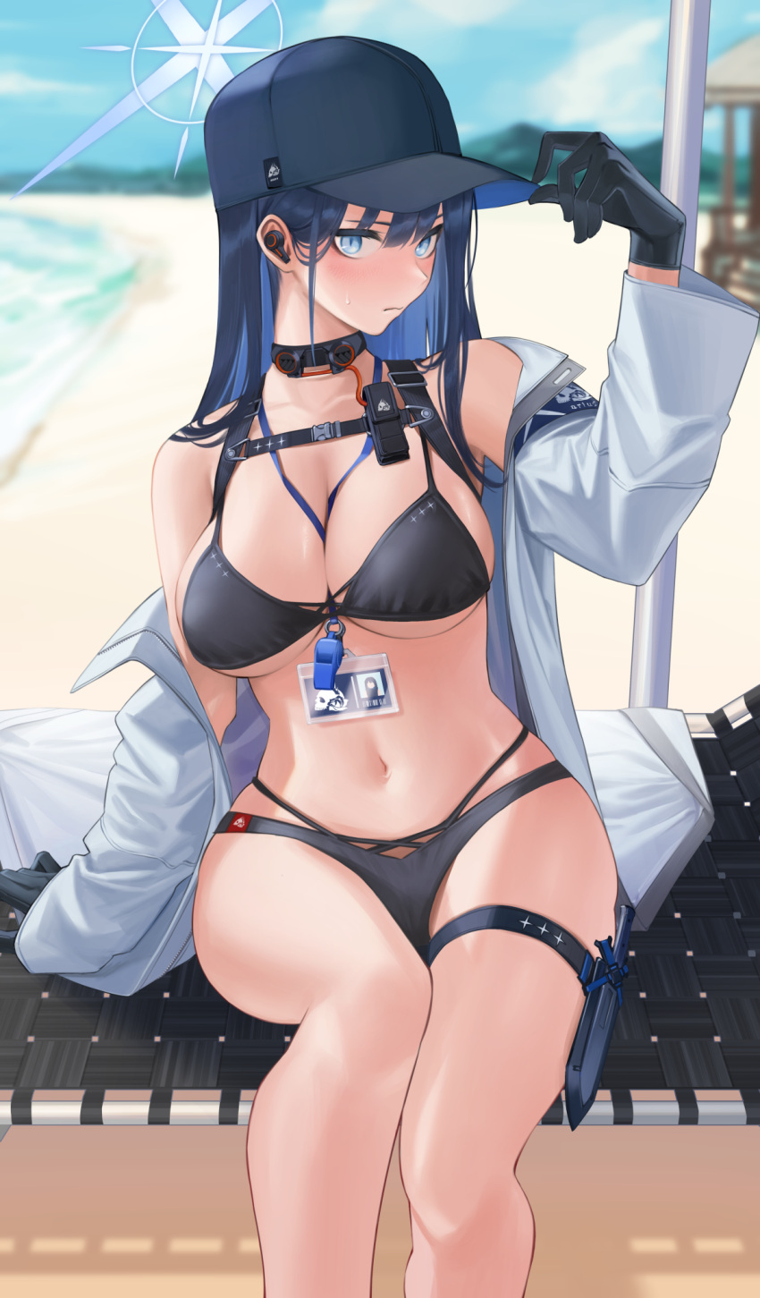 arm_up armband bare_shoulders baseball_cap beach beach_chair bikini black_bikini black_choker black_gloves black_hair black_hat blue_archive blue_eyes blue_hair blue_sky blush breasts buckle chest_harness choker cleavage closed_mouth cloud coat collarbone commentary day female gloves halo harness hat highres id_card knife knife_sheath lanyard long_hair looking_at_viewer medium_breasts mountainous_horizon multi-strapped_bikini multicolored_hair navel no_mask ocean off_shoulder outdoors profile saori_(blue_archive) shadow sheath sheathed sitting sky snap-fit_buckle solo stomach swimsuit thigh_strap two-tone_hair whistle whistle_around_neck white_coat wireless_earphones yasawa_kichi