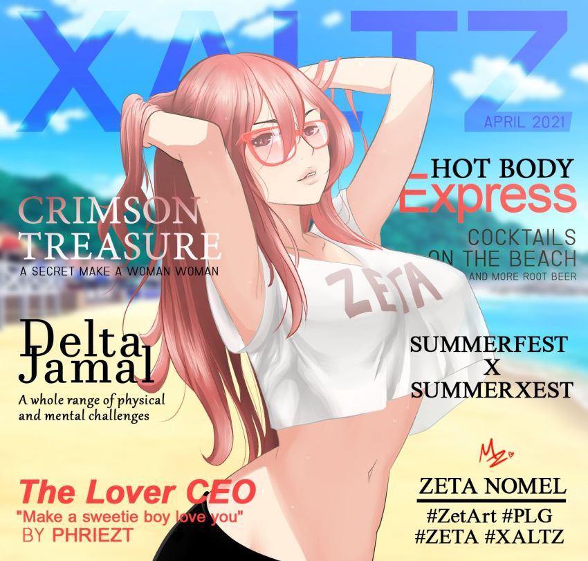 breasts cover crop_top english_text fake_magazine_cover female highres looking_at_viewer looking_to_the_side magazine_cover midriff navel pale_skin phriezt polygon_project red_eyes red_hair solo virtual_youtuber xzeta