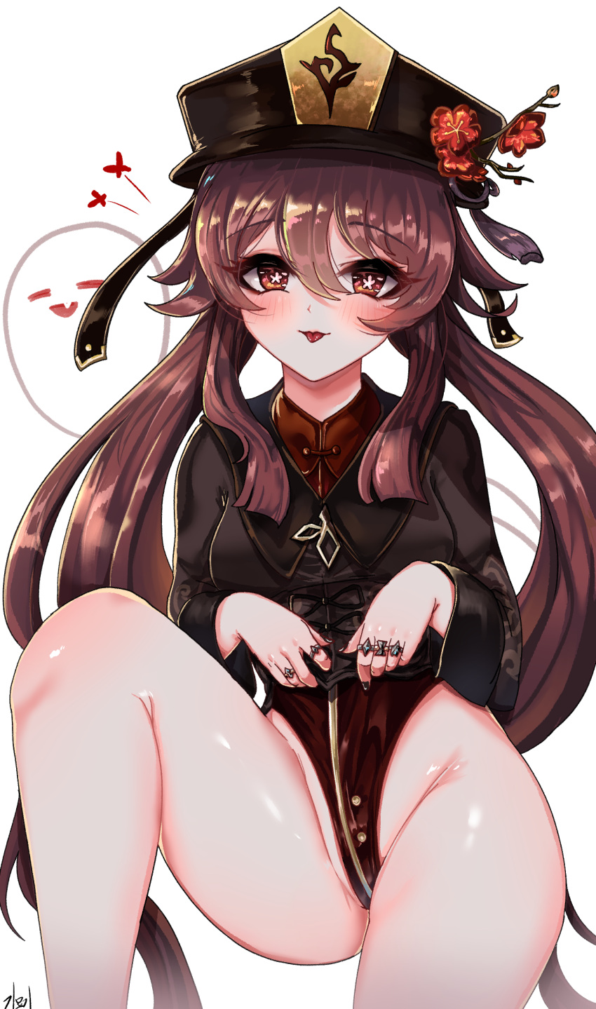 bad_id bad_pixiv_id black_nails blush boo_tao_(genshin_impact) brown_hair female flower genshin_impact ghost gmg groin hat highleg highres hu_tao_(genshin_impact) jewelry long_sleeves looking_at_viewer nail_polish plum_blossoms red_eyes ring simple_background smile symbol-shaped_pupils thighs tongue tongue_out twintails white_background