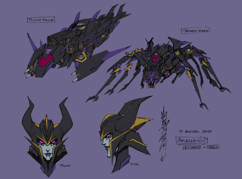 airachnid alex_milne bug character_name decepticon english_commentary mecha multiple_views no_humans official_art purple_background purple_eyes redesign reference_sheet robot science_fiction signature smile spider the_transformers_(idw) transformers