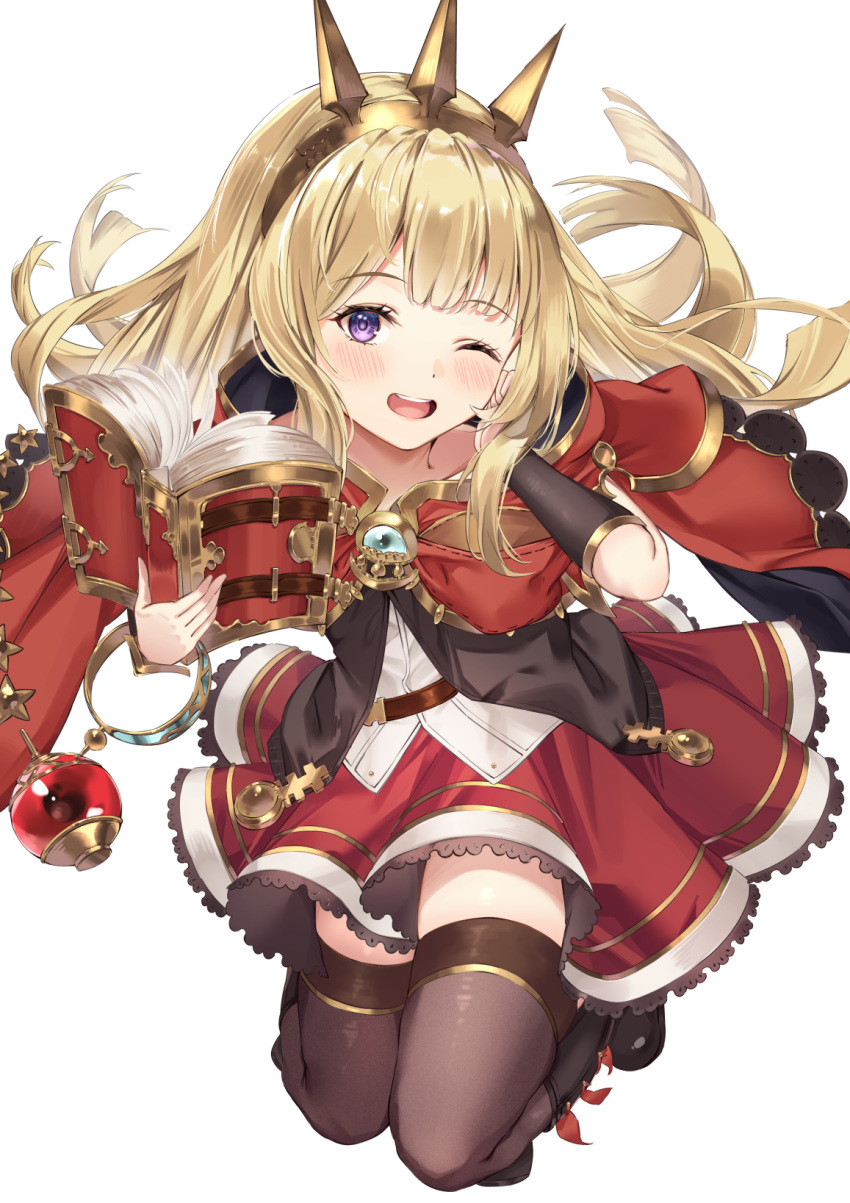 ;d black_thighhighs blonde_hair blush book book_strap boots breasts cagliostro_(granblue_fantasy) cape crown detached_sleeves dress female frills granblue_fantasy hairband hand_on_own_cheek hand_on_own_face highres holding holding_book jewelry long_hair long_sleeves looking_at_viewer one_eye_closed open_mouth purple_eyes red_cape red_dress sg_(satoumogumogu) simple_background skirt small_breasts smile solo teeth thighhighs upper_teeth_only white_background zettai_ryouiki