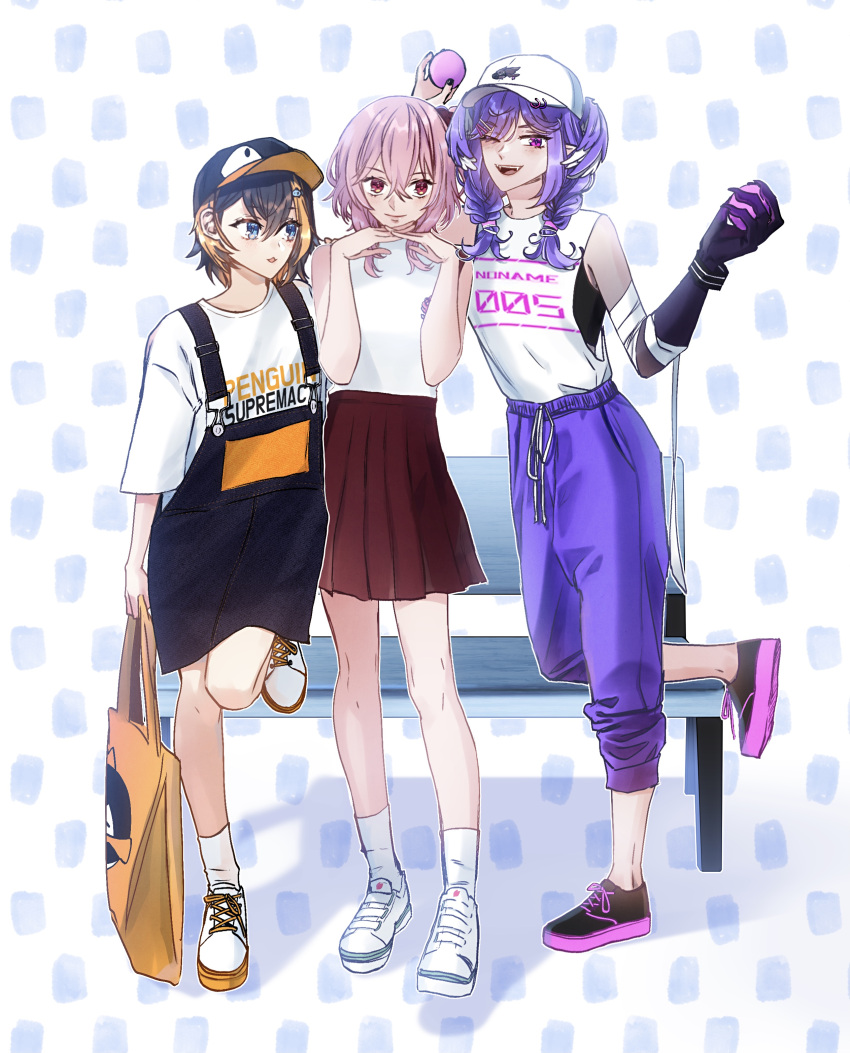 3girls absurdres alternate_costume bag baseball_cap bench black_footwear black_hair black_overalls blonde_hair blue_eyes blush bob_cut bracelet braid casual dotted_background egg english_text fangs flower full_body hair_ornament hairclip handbag hat head_wings heterochromia highres holding holding_egg jewelry leg_up lins_(linszhz) looking_to_the_side medium_hair multicolored_hair multiple_girls nijisanji nijisanji_en obsydia_(nijisanji) one_eye_closed open_mouth overalls pants petra_gurin pink_hair pointy_ears purple_eyes purple_hair red_eyes red_flower red_rose red_skirt rose rosemi_lovelock selen_tatsuki shadow shirt shirt_tucked_in shoes short_hair short_sidetail side_ponytail skirt sleeveless smile sneakers sports_bra standing t-shirt twin_braids virtual_youtuber white_background white_footwear white_legwear white_shirt wings