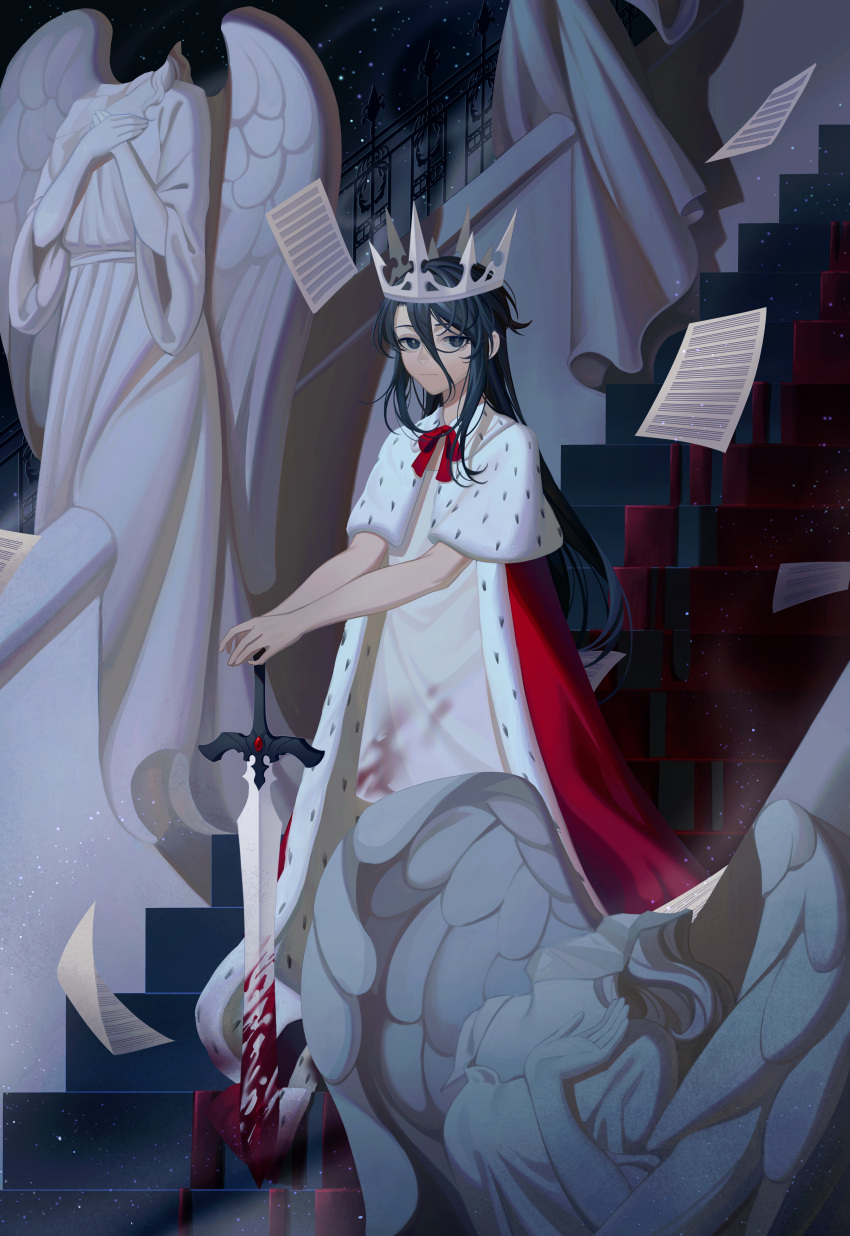 absurdres black_eyes black_hair blood blood_on_clothes blood_on_dress closed_mouth commentary crown dress erchongbaojun female hair_between_eyes highres long_hair looking_at_viewer original paper red_ribbon ribbon royal_robe sleeveless sleeveless_dress solo stairs standing statue sword symbol-only_commentary weapon white_dress