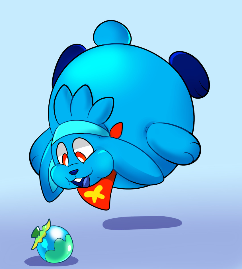 air_inflation ambiguous_gender anthro bandana belly big_belly blimp_fruit_(super_mario_galaxy_2) blue_arms blue_body blue_fur blue_inner_ear blue_legs blue_nose blue_tongue blue_tuft buckteeth cyan_background floating fur generation_8_pokemon happy head_tuft hi_res huge_belly inflated_belly inflation kerchief nintendo pokemon pokemon_(species) puffed_cheeks raboot red_eyes rindeadsong simple_background solo teeth tongue tuft