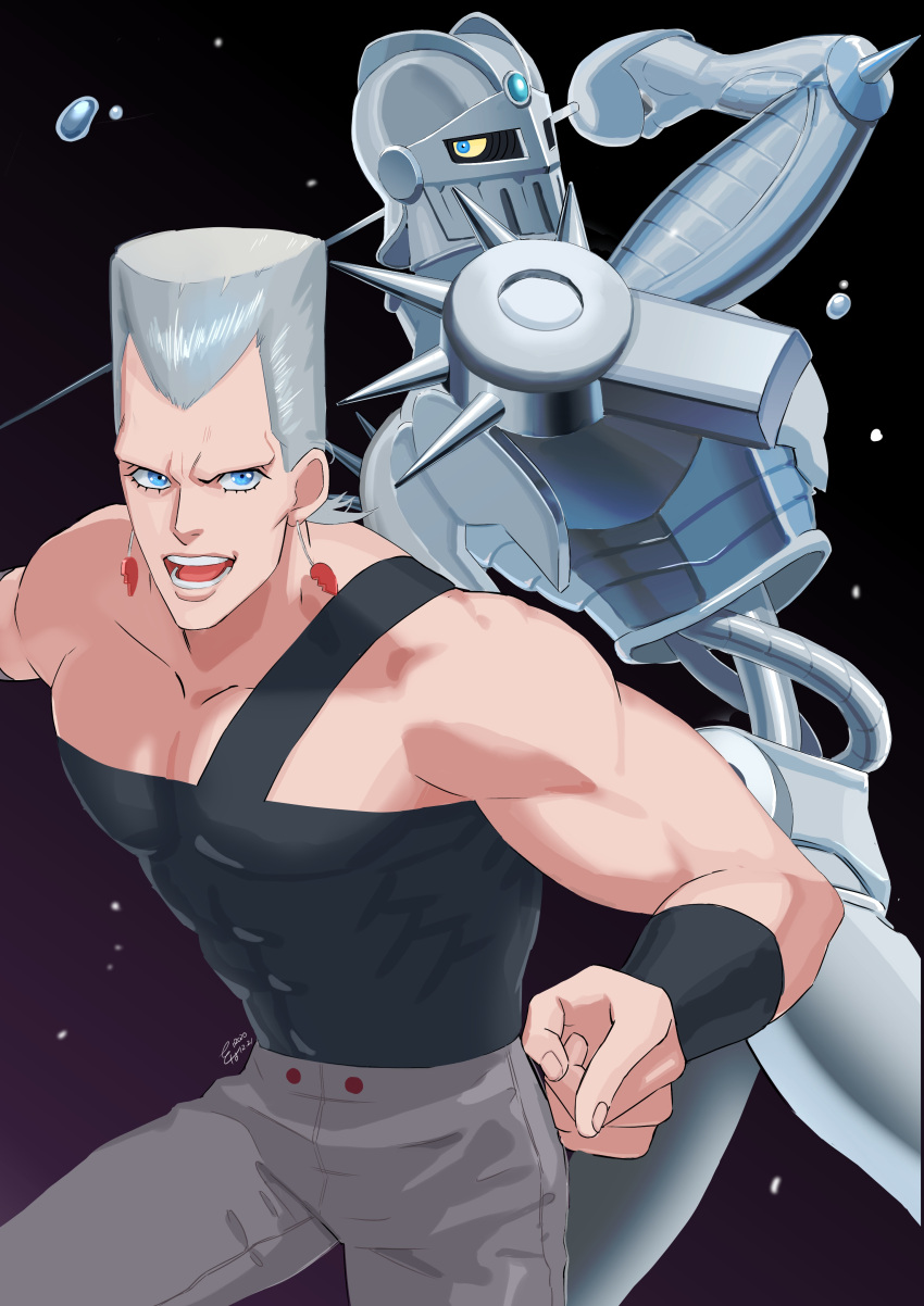 1boy abs absurdres blue_eyes earrings flattop grey_hair highres jean_pierre_polnareff jewelry jojo_no_kimyou_na_bouken linkget5501 male_focus pectorals pointing silver_chariot smile stand_(jojo) stardust_crusaders