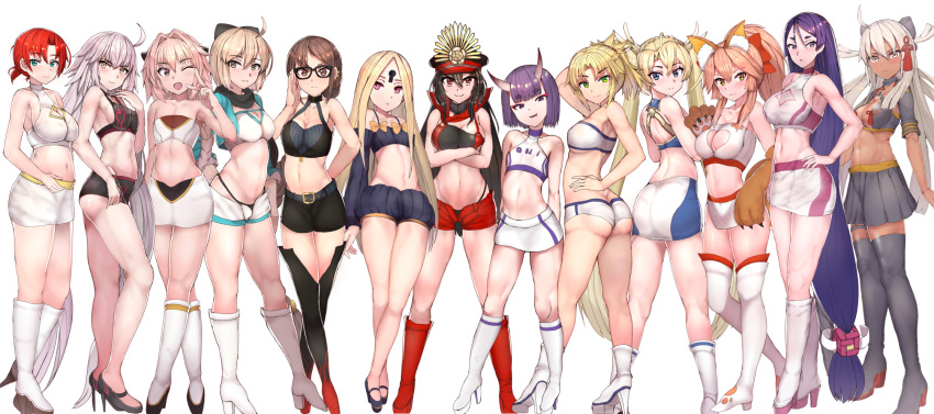 1boy 6+girls abigail_williams_(fate) absurdly_long_hair animal_ear_fluff animal_ears animal_hands arm_up ass astolfo_(fate) bad_id bad_pixiv_id bare_arms bare_shoulders black_footwear black_shorts black_sleeves blonde_hair blue_eyes blush boots boudica_(fate) bow bradamante_(fate) braid breasts brown_eyes cleavage cleavage_cutout closed_mouth clothes_writing clothing_cutout collarbone commentary cousins covered_nipples crop_top detached_sleeves fate/grand_order fate_(series) fox_ears fox_girl fox_tail from_behind full_body gloves green_eyes grey_hair hair_between_eyes hairbow halterneck head_tilt high_heel_boots high_heels high_ponytail highres horns jeanne_d'arc_alter_(avenger)_(fate) jeanne_d'arc_alter_(fate) keyhole knee_boots large_breasts light_brown_hair long_hair long_sleeves looking_at_viewer looking_back medium_breasts midriff minamoto_no_raikou_(fate) miniskirt mordred_(fate) mordred_(fate/apocrypha) multiple_girls navel oda_nobunaga_(fate) oda_nobunaga_(koha-ace) odd_one_out oerba_yun_fang okita_souji_(fate) okita_souji_(koha-ace) okita_souji_alter_(fate) one_eye_closed oni otoko_no_ko parted_bangs parted_lips paw_gloves pink_hair ponytail puffy_long_sleeves puffy_shorts puffy_sleeves purple_eyes purple_hair race_queen red_bow red_eyes shirt shoes short_eyebrows short_shorts shorts shoulder_blades shuten_douji_(fate) sidelocks sikijou77o simple_background single_braid skin-covered_horns skirt small_breasts smile tail tamamo_(fate) tamamo_cat_(fate) thick_eyebrows thigh_boots thighhighs v very_long_hair white_background white_footwear white_hair white_legwear white_shirt white_skirt yu_mei-ren_(fate)