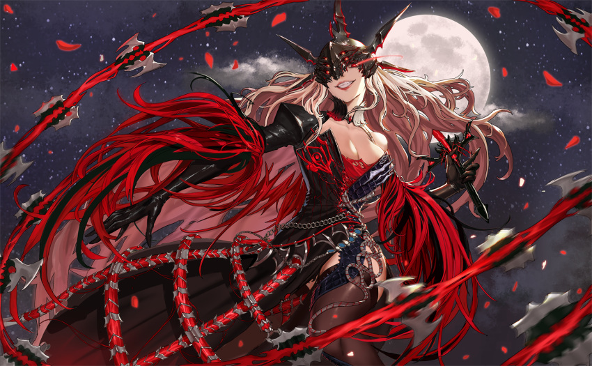 asymmetrical_sleeves bare_shoulders belt black_dress black_gloves black_headwear blonde_hair breasts broken_helmet brown_thighhighs cape chains character_request cleavage commentary_request deepmaru demon_slayer_(dungeon_and_fighter) dress dungeon_and_fighter elbow_gloves feet_out_of_frame female female_slayer_(dungeon_and_fighter) full_moon garter_straps gem gloves glowing glowing_eyes grin helmet highres holding holding_weapon juliet_sleeves latex latex_gloves light_trail lipstick long_hair long_sleeves looking_at_viewer makeup medium_breasts moon motion_blur one_eye_covered petals puffy_sleeves red_eyes red_lips side_slit sky smile solo standing star_(sky) starry_sky streamers thighhighs uneven_sleeves weapon whip white_hair