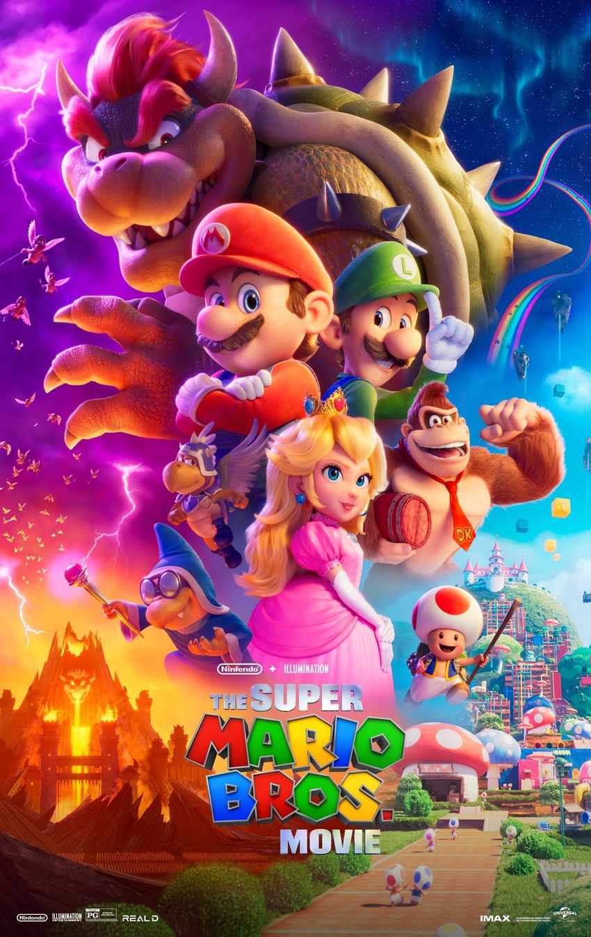 6+boys blonde_hair blue_toad_(mario) bowser castle commentary copyright_name donkey_kong english_commentary facial_hair female flexing goomba green_toad_(mario) highres kamek key_visual koopa_general koopa_paratroopa logo looking_at_viewer luigi mario mario_(series) moustache movie_poster multiple_boys official_art overalls princess_peach princess_peach's_castle promotional_art purple_toad_(mario) red_toad_(mario) smile spiked_shell the_super_mario_bros._movie thick_eyebrows toad_(mario) wand wings yellow_toad_(mario)