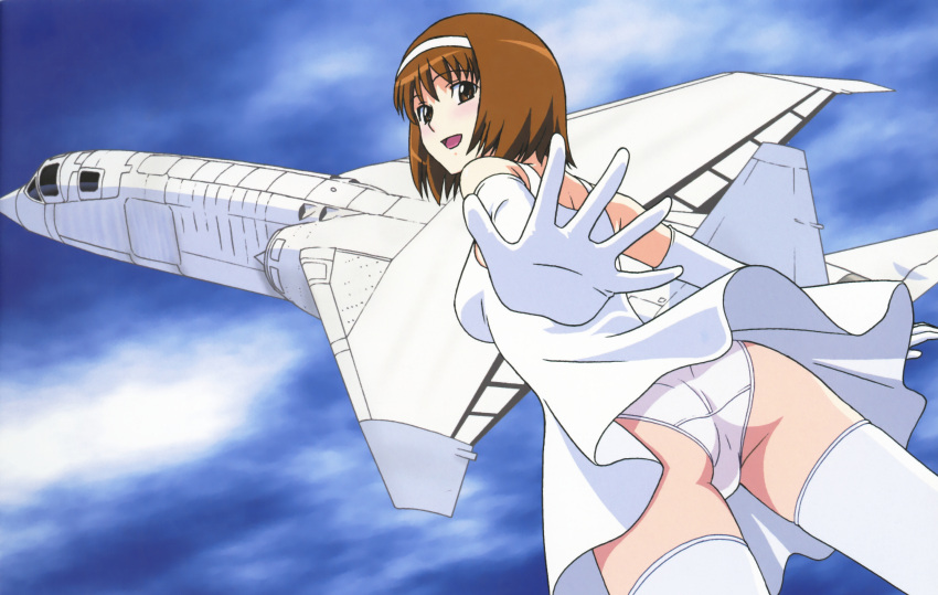 absurdres agent_aika aika_(series) aircraft airplane ass black_delmo blue_sky blush breasts brown_eyes brown_hair cloud cloudy_sky crotch_seam day dress elbow_gloves female gloves headband highres looking_at_viewer medium_breasts official_art open_mouth outstretched_arm panties rika_(agent_aika) short_hair sky solo standing tsr-2 underwear white_dress white_legwear white_panties wind wind_lift yamauchi_noriyasu