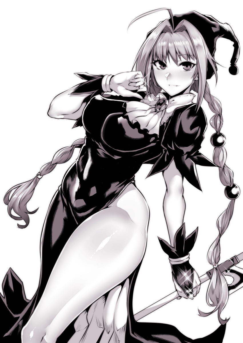 absurdres ahoge bad_id bad_pixiv_id braid breasts commentary_request covered_nipples dorothy_(marchen_awakens_romance) female gggg highres large_breasts marchen_awakens_romance monochrome side_slit solo twin_braids wide_hips witch